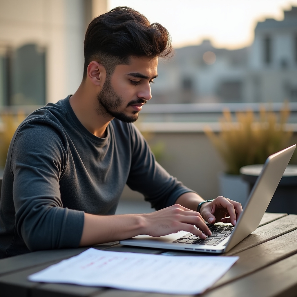 Person arbeitet fokussiert am Laptop mit Tagesplan daneben